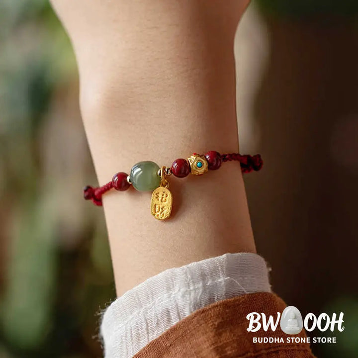 Buddha Stones Lucky Fortune Charm Hetian Cyan Jade White Jade Multicolored Braided String Prosperity Bracelet - Bracelet