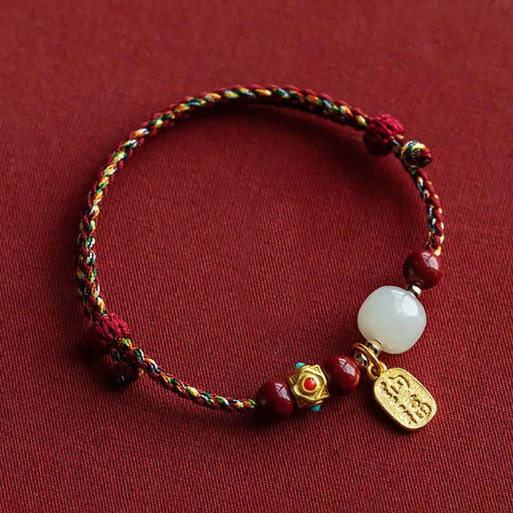 Buddha Stones Lucky Fortune Charm Hetian Cyan Jade White Jade Multicolored Braided String Prosperity Bracelet