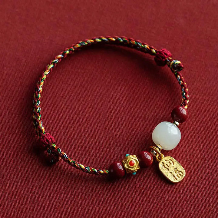 Buddha Stones Lucky Fortune Charm Hetian Cyan Jade White Jade Multicolored Braided String Prosperity Bracelet