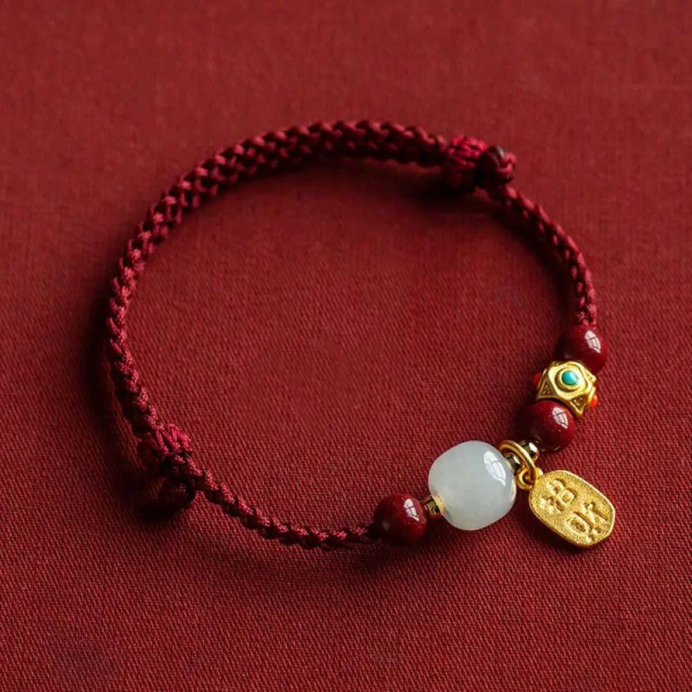 Buddha Stones Lucky Fortune Charm Hetian Cyan Jade White Jade Multicolored Braided String Prosperity Bracelet - Red