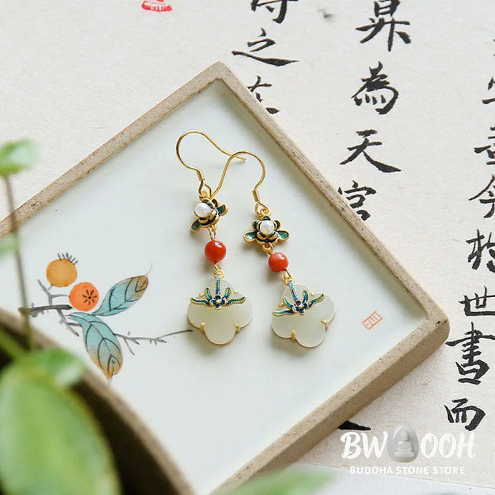Buddha Stones Lucky Four Leaf Clover Jade Abundance Copper Earrings - Jade - Earrings