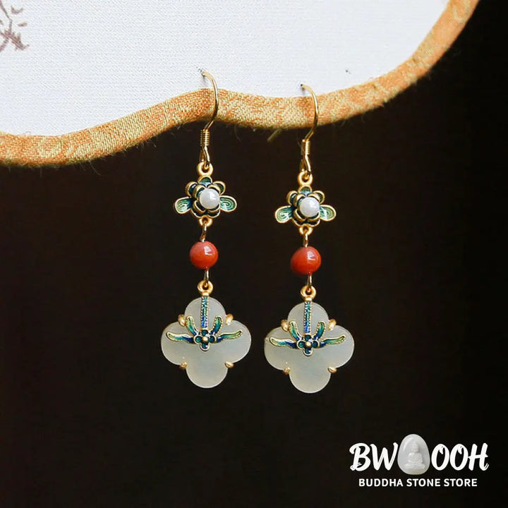 Buddha Stones Lucky Four Leaf Clover Jade Abundance Copper Earrings - Jade - Earrings