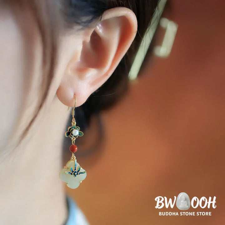 Buddha Stones Lucky Four Leaf Clover Jade Abundance Copper Earrings - Jade - Earrings