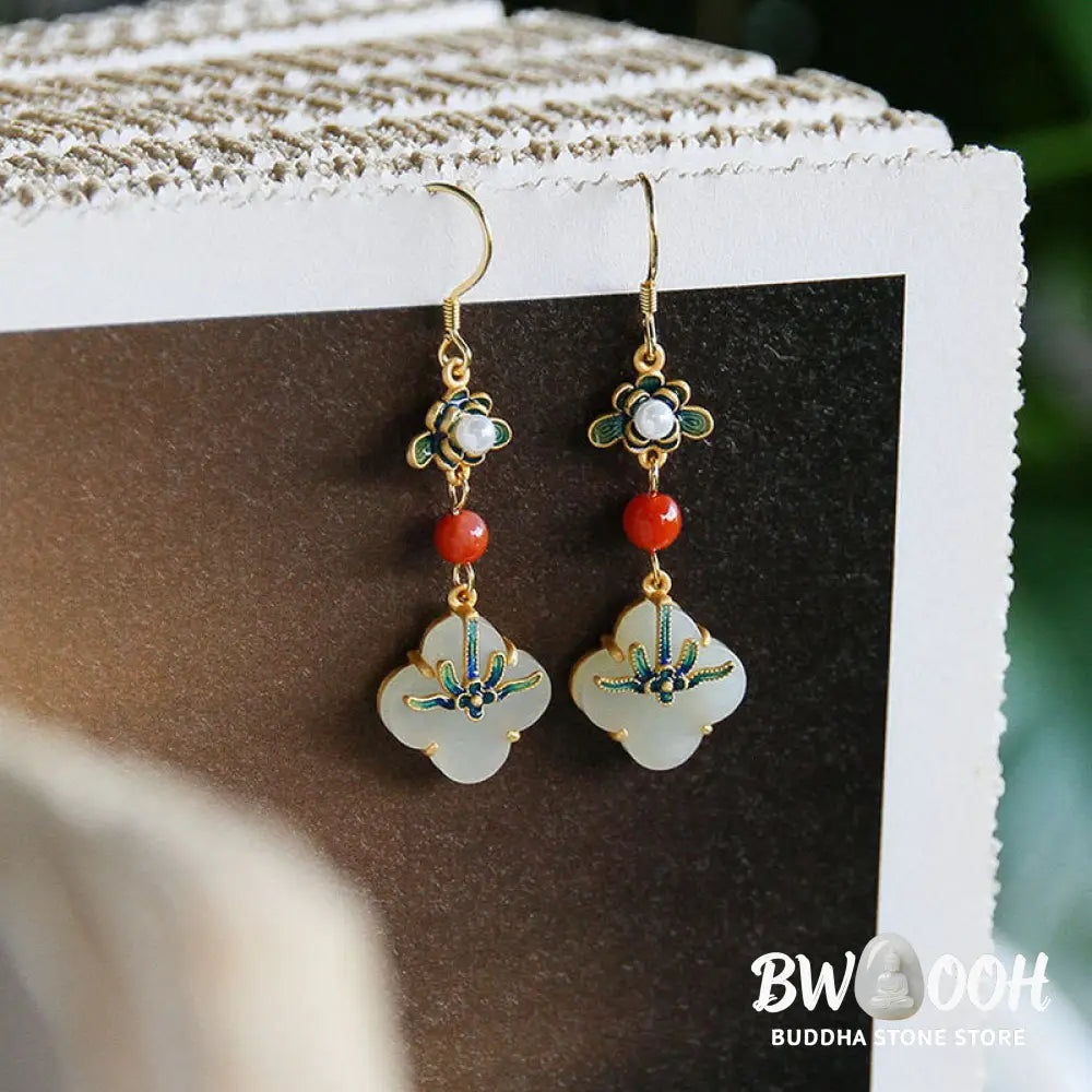 Buddha Stones Lucky Four Leaf Clover Jade Abundance Copper Earrings - Jade - Earrings