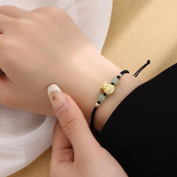 BWOOOH Lucky Money Bag Fu Character Jade Bead Luck Braided Bracelet - Black Rope Bracelet(Wrist Circumference