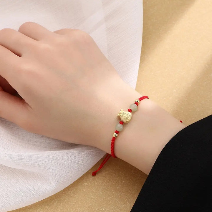 BWOOOH Lucky Money Bag Fu Character Jade Bead Luck Braided Bracelet - Red Rope Bracelet(Wrist Circumference
