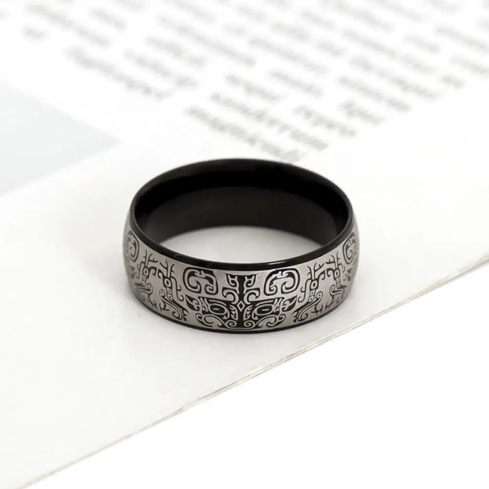Buddha Stones Lucky Mythological Creature Taotie Wealth Titanium Steel Ring - BWOOOH - Black / US7 - Ring