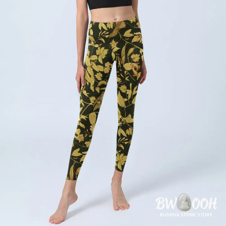 Buddha Stones Luxurious Flower Leaf Bird Pattern Print Gym Leggings Women&