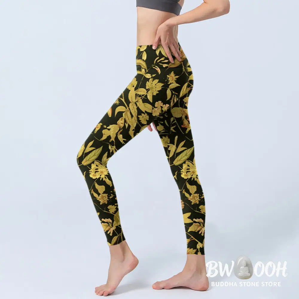 Buddha Stones Luxurious Flower Leaf Bird Pattern Print Gym Leggings Women&
