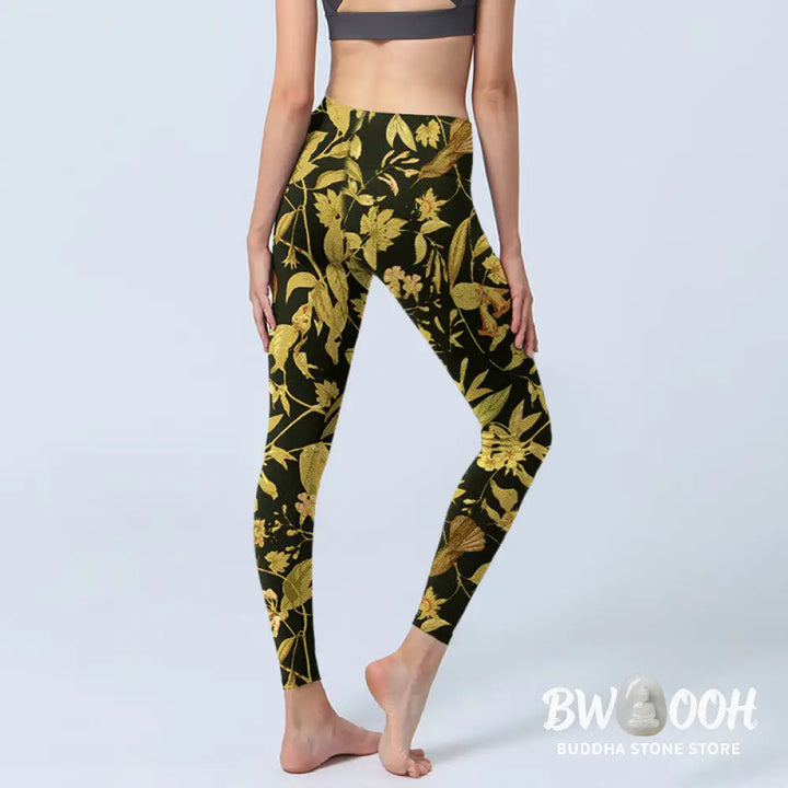 Buddha Stones Luxurious Flower Leaf Bird Pattern Print Gym Leggings Women&