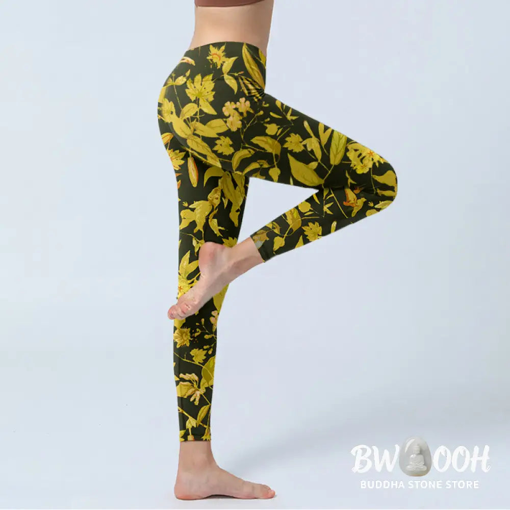 Buddha Stones Luxurious Flower Leaf Bird Pattern Print Gym Leggings Women&