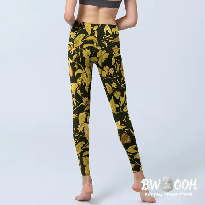 Buddha Stones Luxurious Flower Leaf Bird Pattern Print Gym Leggings Women&