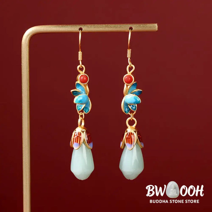 Buddha Stones Magnolia Flower Jade Pattern Luck Prosperity Drop Dangle Earrings - Jade(Prosperity♥Abundance) - Earrings