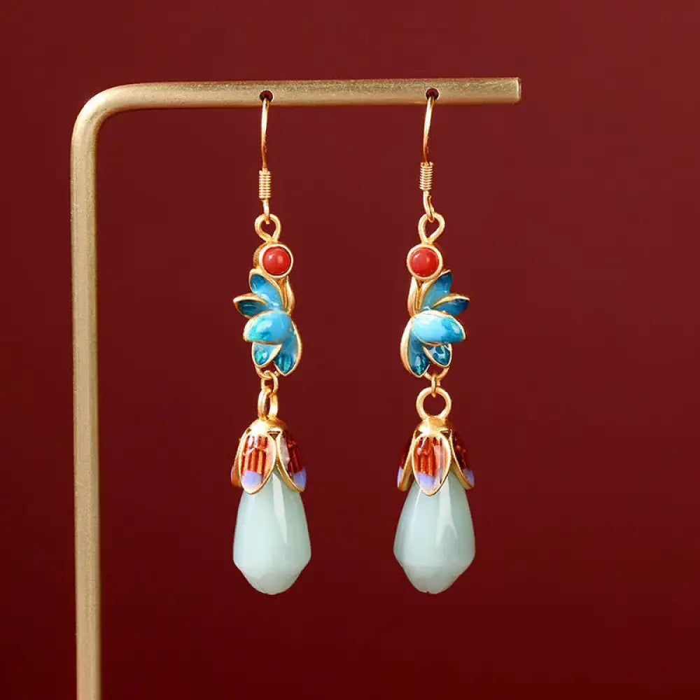 BWOOOH Magnolia Flower Jade Pattern Luck Prosperity Drop Dangle Earrings — Jade jade bracelet for spiritual healing and mi...