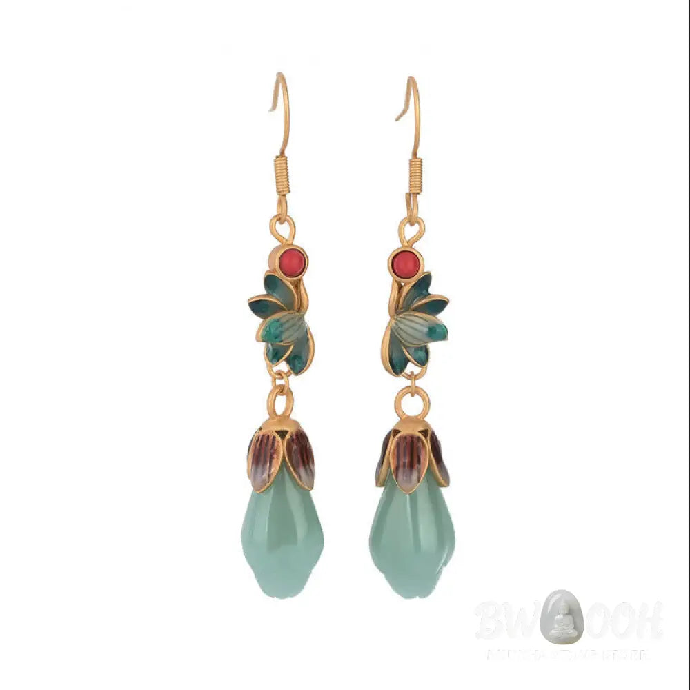Buddha Stones Magnolia Flower Jade Pattern Luck Prosperity Drop Dangle Earrings - Jade(Prosperity♥Abundance) - Earrings