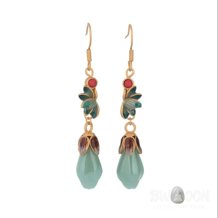 Buddha Stones Magnolia Flower Jade Pattern Luck Prosperity Drop Dangle Earrings - Jade(Prosperity♥Abundance) - Earrings