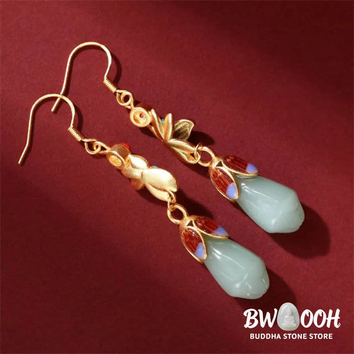 Buddha Stones Magnolia Flower Jade Pattern Luck Prosperity Drop Dangle Earrings - Jade(Prosperity♥Abundance) - Earrings