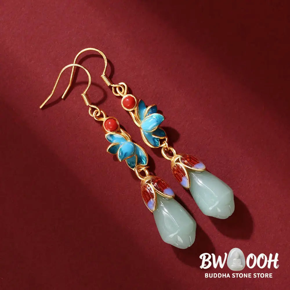 Buddha Stones Magnolia Flower Jade Pattern Luck Prosperity Drop Dangle Earrings - Jade(Prosperity♥Abundance) - Earrings