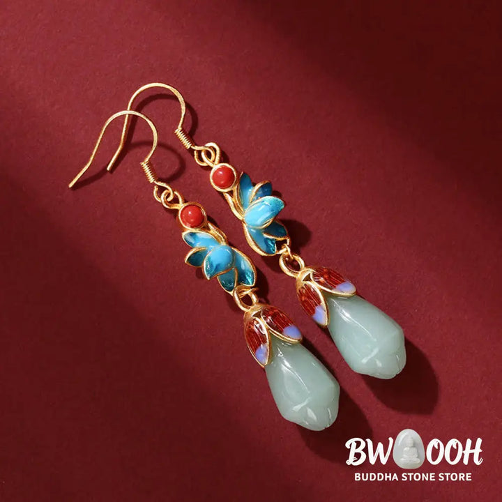 Buddha Stones Magnolia Flower Jade Pattern Luck Prosperity Drop Dangle Earrings - Jade(Prosperity♥Abundance) - Earrings