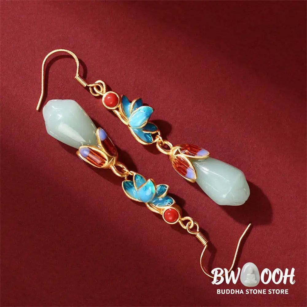 Buddha Stones Magnolia Flower Jade Pattern Luck Prosperity Drop Dangle Earrings - Jade(Prosperity♥Abundance) - Earrings