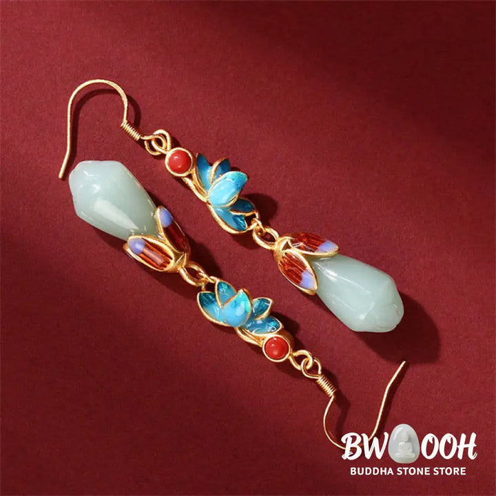 Buddha Stones Magnolia Flower Jade Pattern Luck Prosperity Drop Dangle Earrings - Jade(Prosperity♥Abundance) - Earrings
