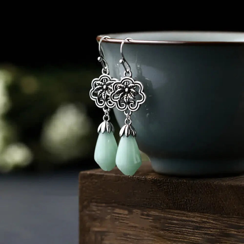 BWOOOH Magnolia Flower Jade Water Drop Prosperity Dangle Earrings — Jade jade bracelet for spiritual healing and mindful l...