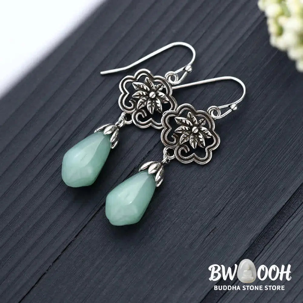 Buddha Stones Magnolia Flower Jade Water Drop Prosperity Dangle Earrings - Jade(Prosperity♥Abundance) - Earrings