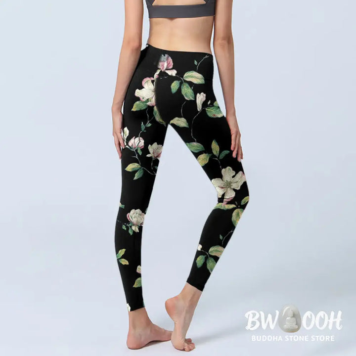 BWOOOH printed yoga leggings - Magnolia Flower Pattern Print Gym Leggin