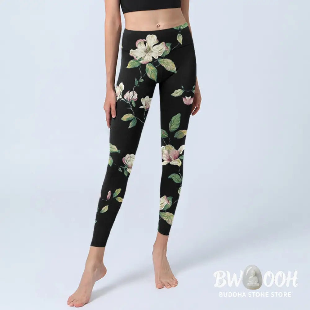 BWOOOH printed yoga leggings - Magnolia Flower Pattern Print Gym Leggin