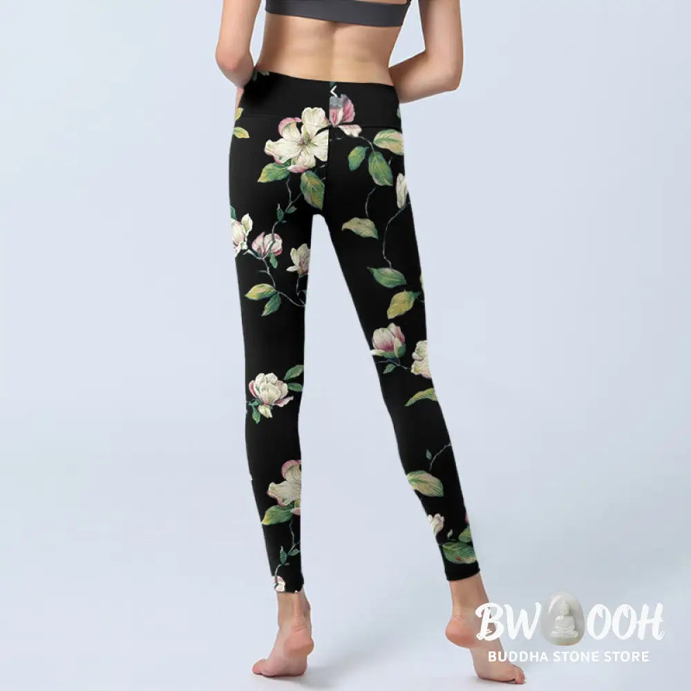 BWOOOH printed yoga leggings - Magnolia Flower Pattern Print Gym Leggin