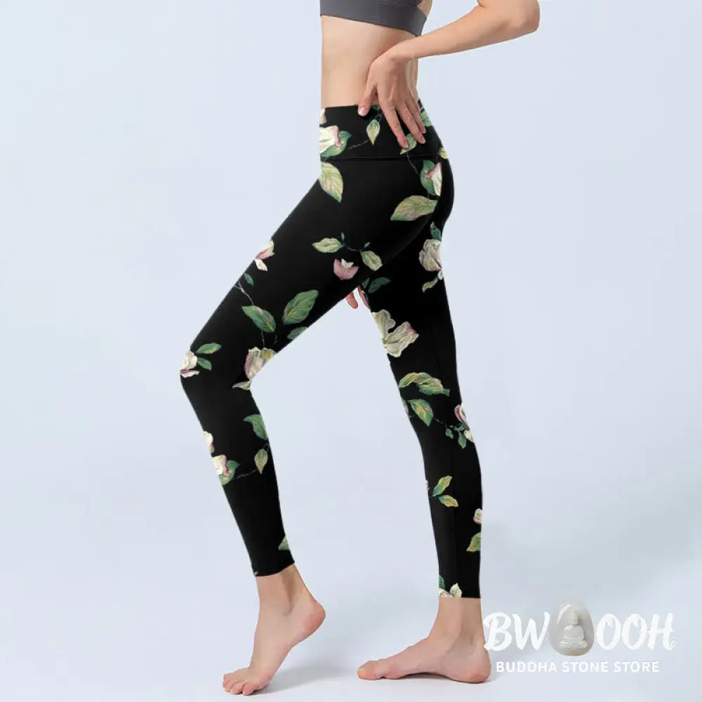 BWOOOH printed yoga leggings - Magnolia Flower Pattern Print Gym Leggin