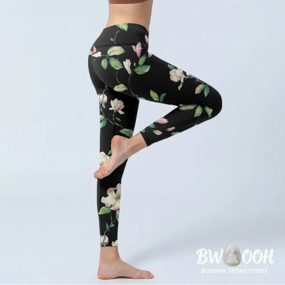 BWOOOH printed yoga leggings - Magnolia Flower Pattern Print Gym Leggin