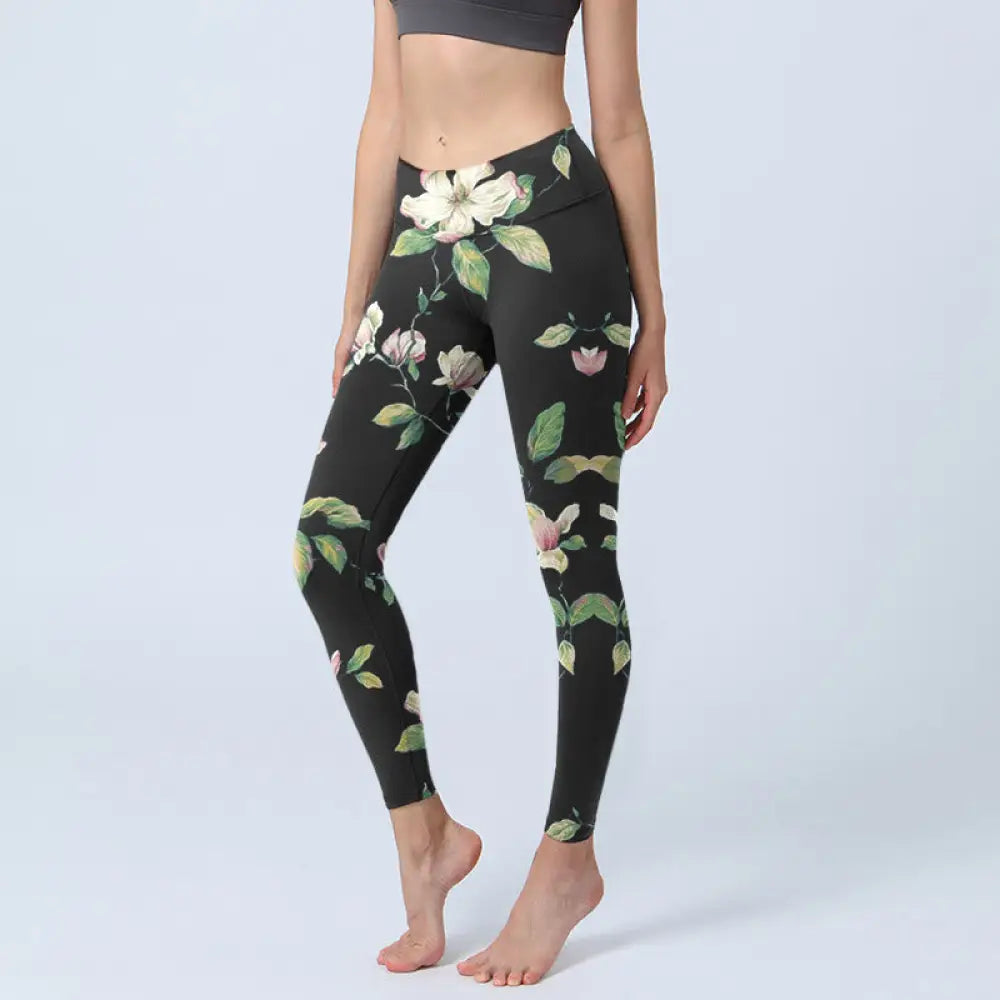 BWOOOH printed yoga leggings - Magnolia Flower Pattern Print Gym Leggin