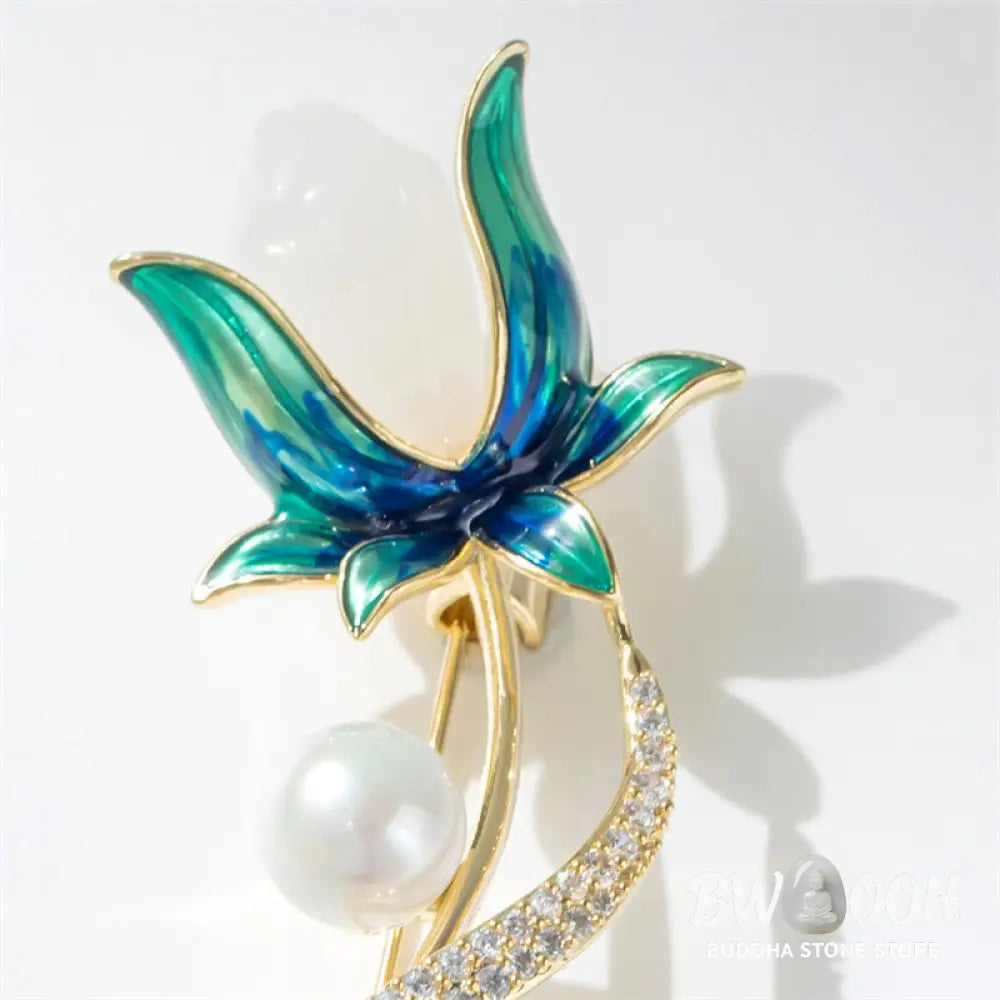 Buddha Stones Magnolia Flower Pearl Optimism Copper Brooch - Magnolia Flower About 5cm - Brooch
