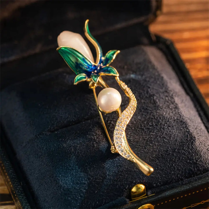 Buddha Stones Magnolia Flower Pearl Optimism Copper Brooch - Magnolia Flower About 5cm - Brooch