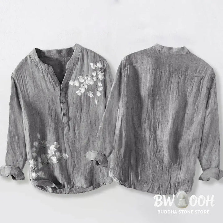 Buddha Stones Magnolia Flowers Branches Pattern Half Buttons Men’s Cotton Linen Long Sleeve Shirt - Men’s Shirts