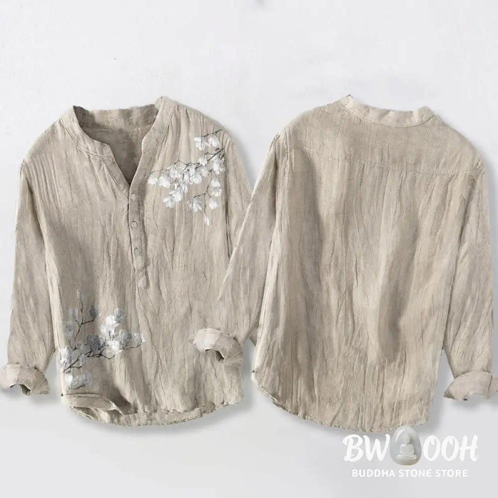 Buddha Stones Magnolia Flowers Branches Pattern Half Buttons Men’s Cotton Linen Long Sleeve Shirt - Men’s Shirts