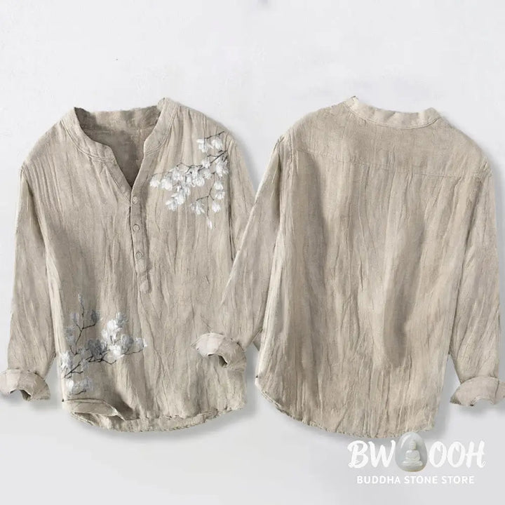 Buddha Stones Magnolia Flowers Branches Pattern Half Buttons Men’s Cotton Linen Long Sleeve Shirt - Men’s Shirts