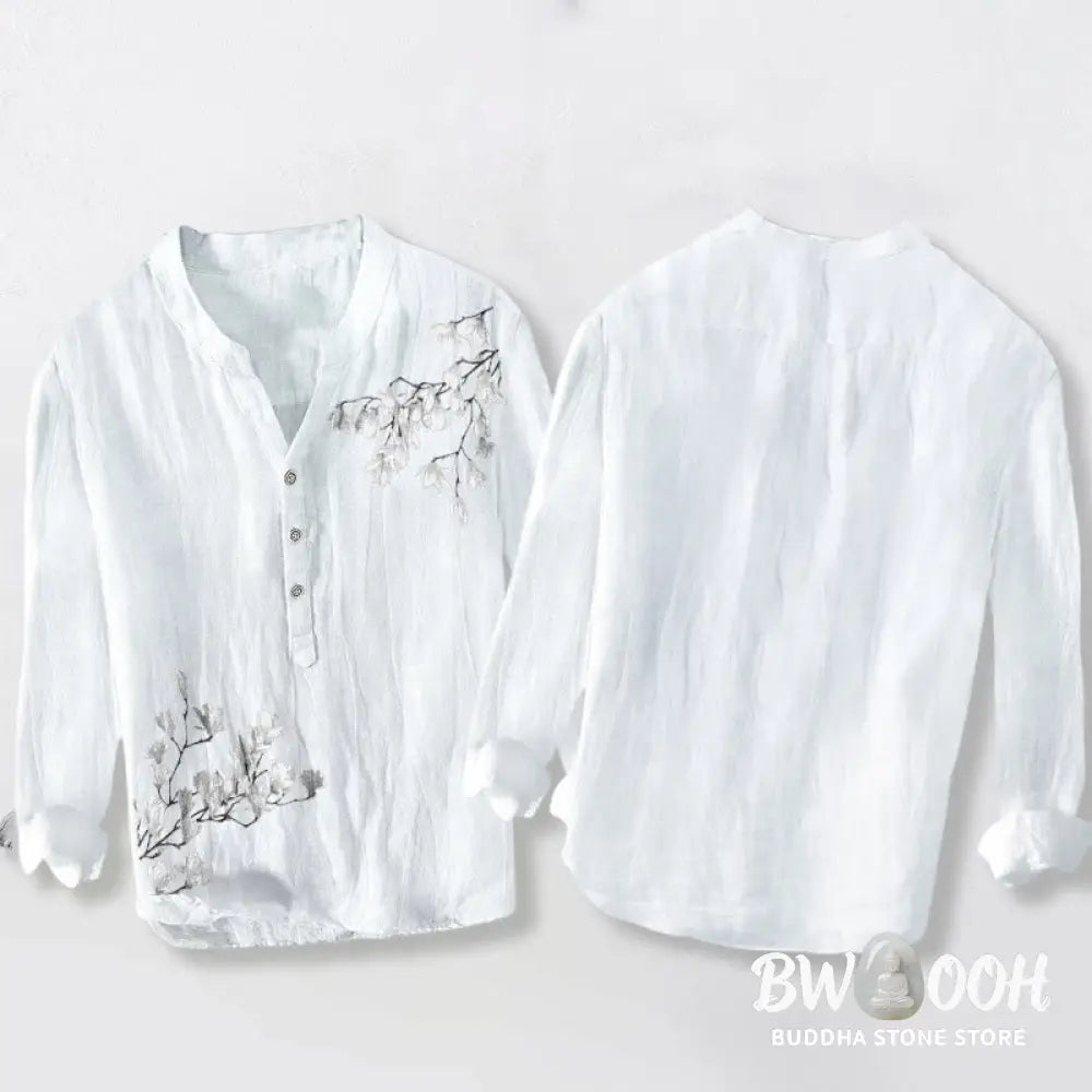 Buddha Stones Magnolia Flowers Branches Pattern Half Buttons Men’s Cotton Linen Long Sleeve Shirt - Men’s Shirts