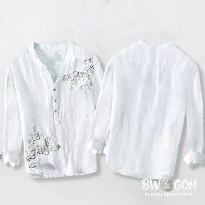 Buddha Stones Magnolia Flowers Branches Pattern Half Buttons Men’s Cotton Linen Long Sleeve Shirt - Men’s Shirts