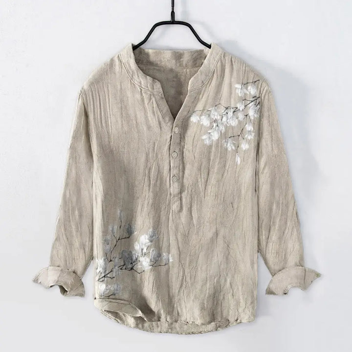 Buddha Stones Magnolia Flowers Branches Pattern Half Buttons Men’s Cotton Linen Long Sleeve Shirt - Linen