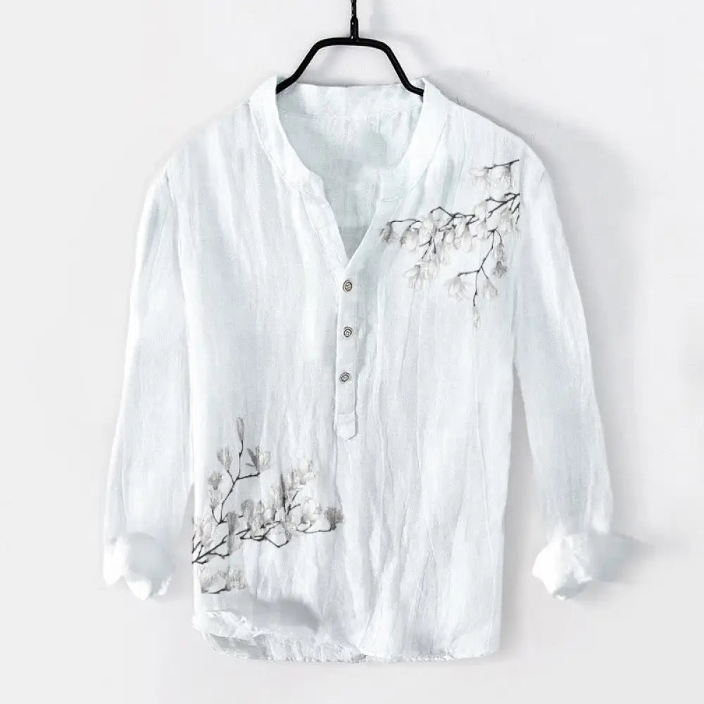 Buddha Stones Magnolia Flowers Branches Pattern Half Buttons Men’s Cotton Linen Long Sleeve Shirt - White