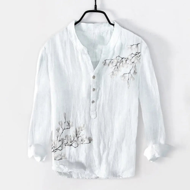 Buddha Stones Magnolia Flowers Branches Pattern Half Buttons Men’s Cotton Linen Long Sleeve Shirt - White