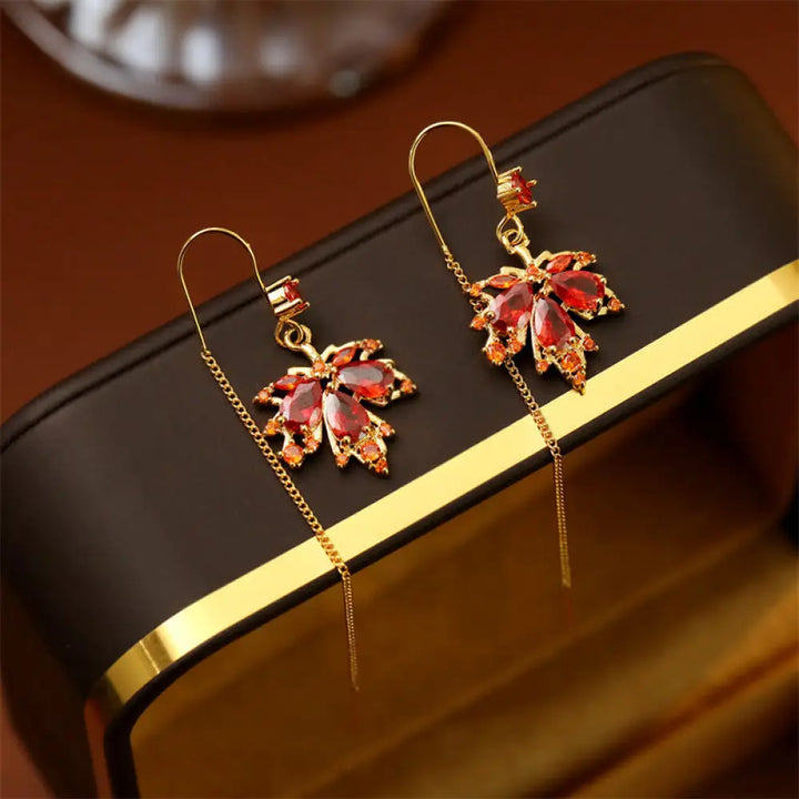 Buddha Stones Maple Leaf Red Zircon Copper Luck Drop Dangle Earrings - Maple Leaf(925 Sterling Silver Posts) - Earrings