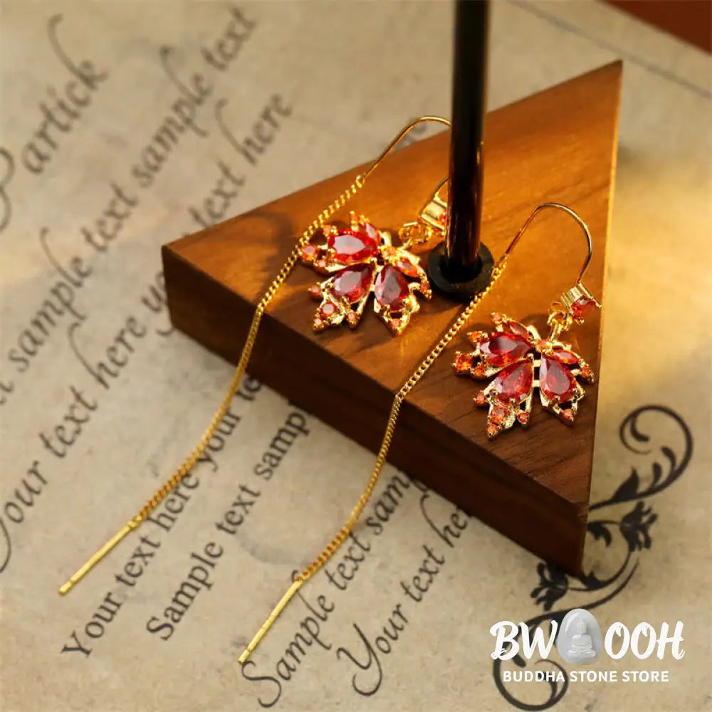 Buddha Stones Maple Leaf Red Zircon Copper Luck Drop Dangle Earrings - Maple Leaf(925 Sterling Silver Posts) - Earrings