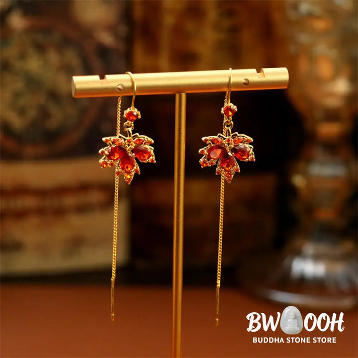 Buddha Stones Maple Leaf Red Zircon Copper Luck Drop Dangle Earrings - Maple Leaf(925 Sterling Silver Posts) - Earrings