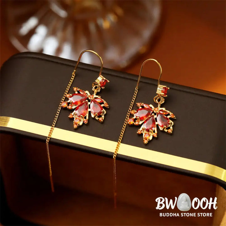 Buddha Stones Maple Leaf Red Zircon Copper Luck Drop Dangle Earrings - Maple Leaf(925 Sterling Silver Posts) - Earrings