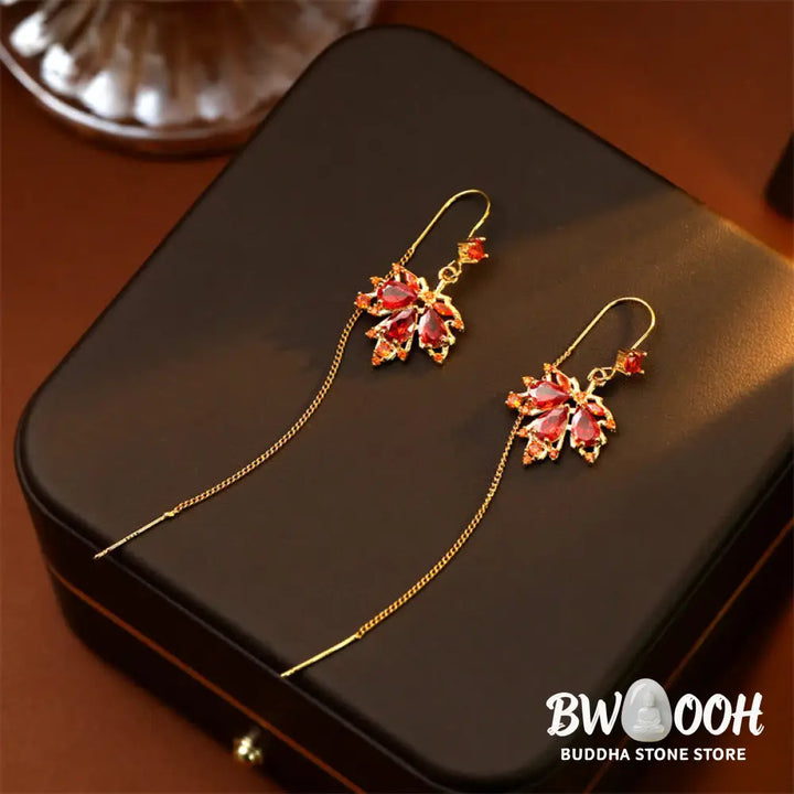 Buddha Stones Maple Leaf Red Zircon Copper Luck Drop Dangle Earrings - Maple Leaf(925 Sterling Silver Posts) - Earrings