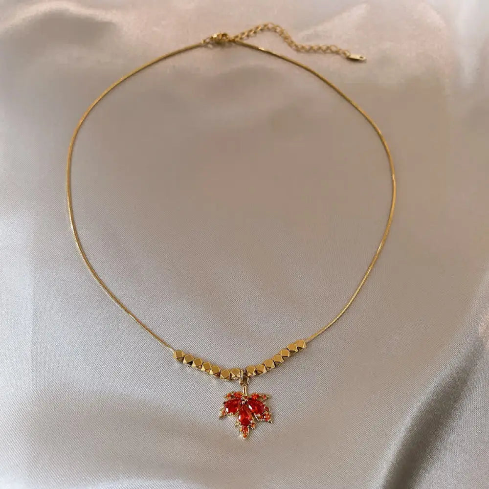 Buddha Stones Maple Leaf Zircon Luck Necklace Pendant Ring Earrings - BWOOOH - Necklace - Necklaces &amp; Pendants