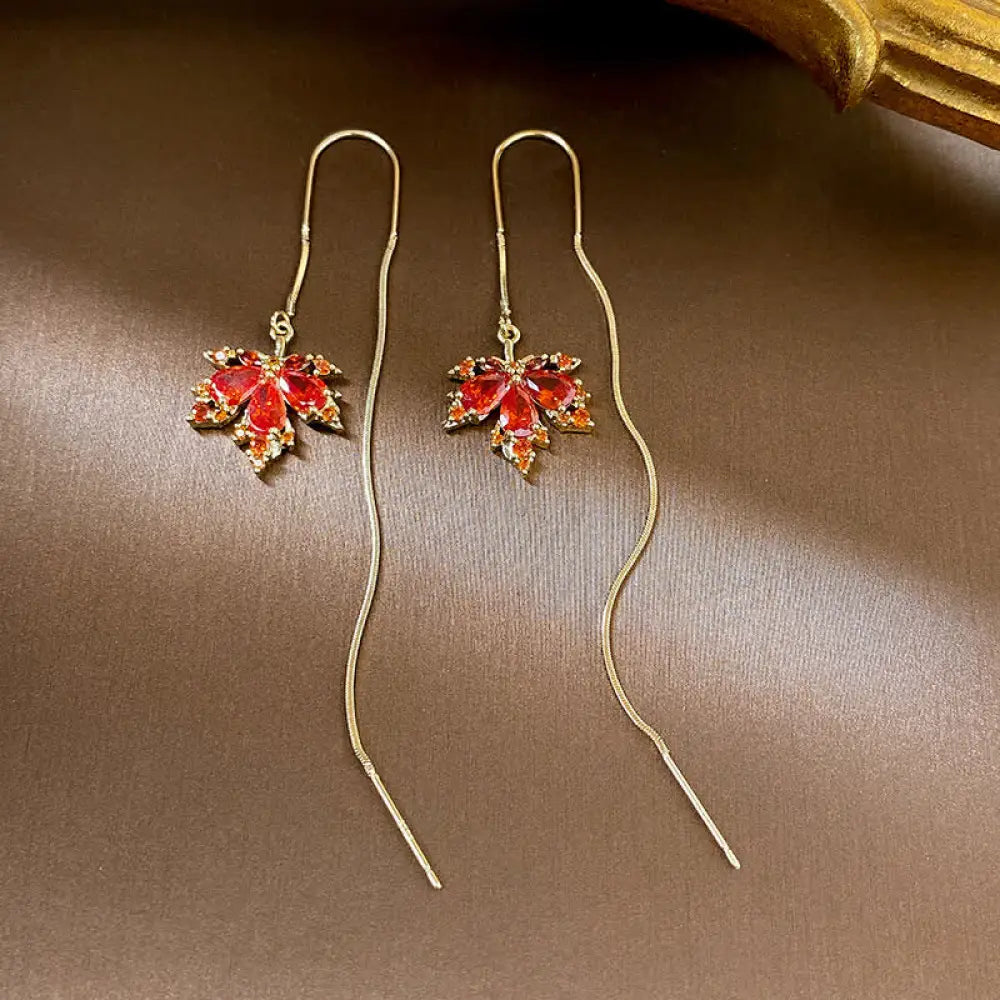 Buddha Stones Maple Leaf Zircon Luck Necklace Pendant Ring Earrings - BWOOOH - Earrings - Necklaces &amp; Pendants